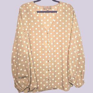 Laurie Felt Blush Pink with White Polka Dots V-Neck Button Down Blouse Size XL